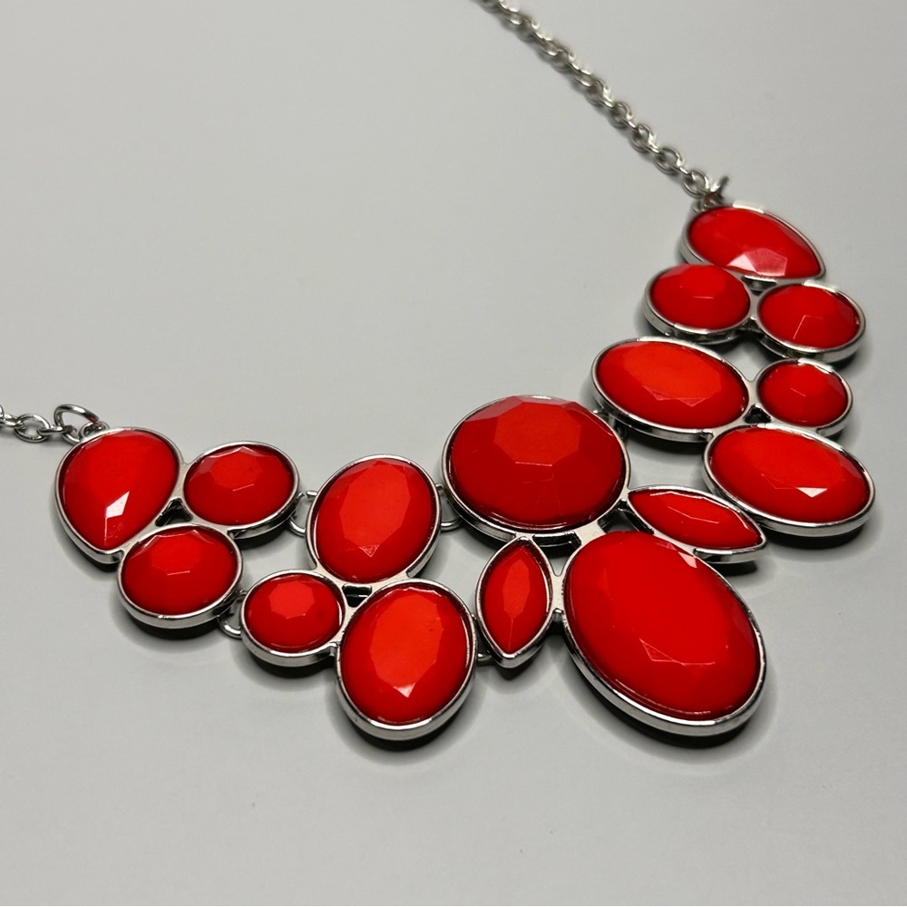 Bright Red Bold Silver Tone Statement Necklace - image 2
